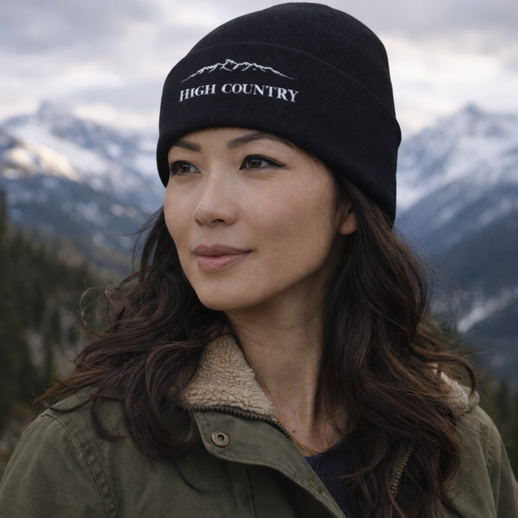 High Country Embroidered Beanie — Mountain Knit Cuff Hat - Rugged State Supply
