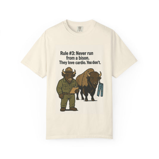 Bison Rule #3 Funny Ranger T-Shirt – 'Never Run From a Bison' Graphic Tee