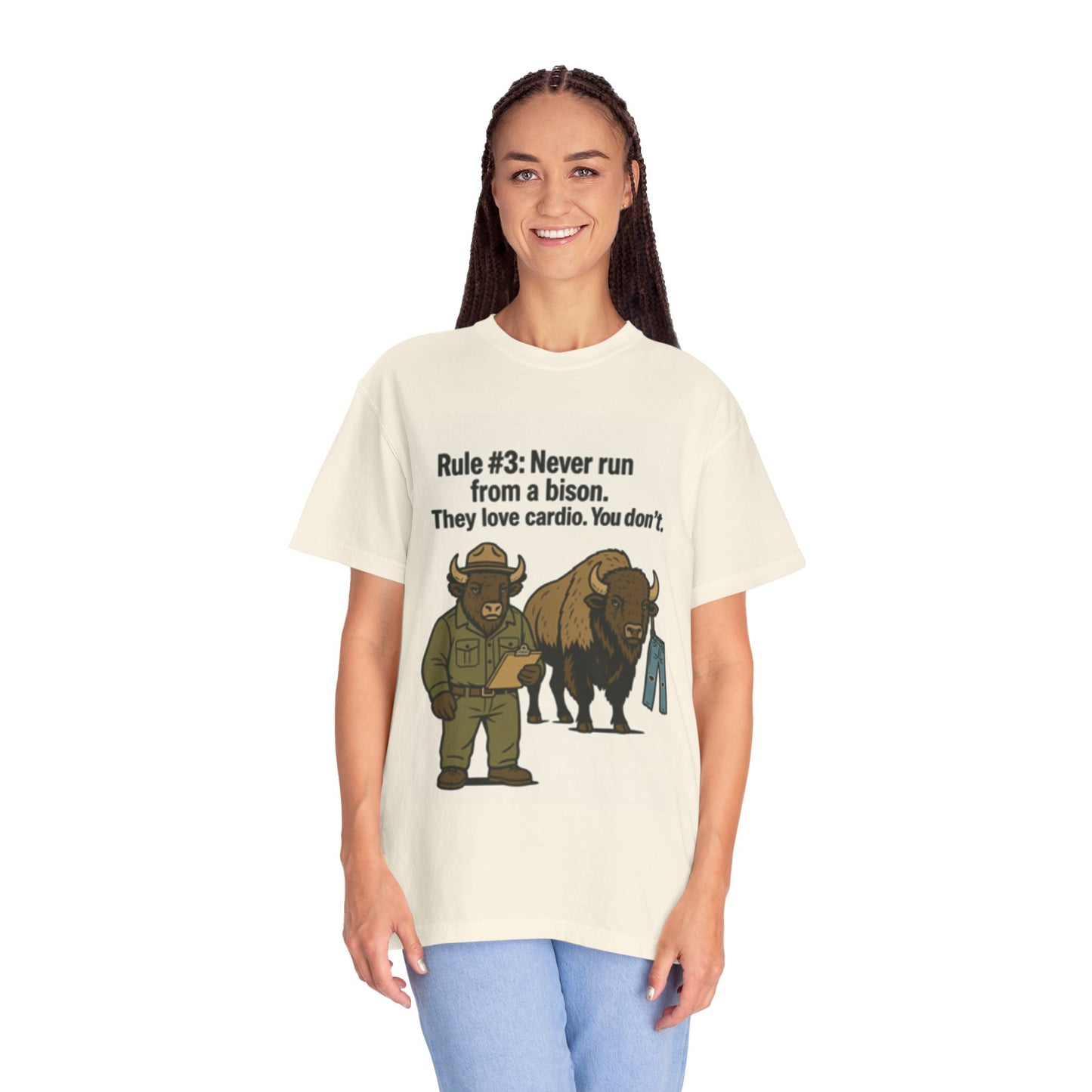 Bison Rule #3 Funny Ranger T-Shirt – 'Never Run From a Bison' Graphic Tee