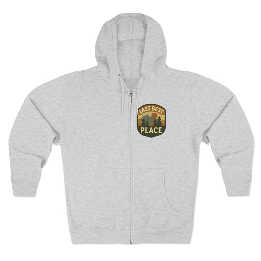 Last Best Place Zip Hoodie — Retro Mountain Patch