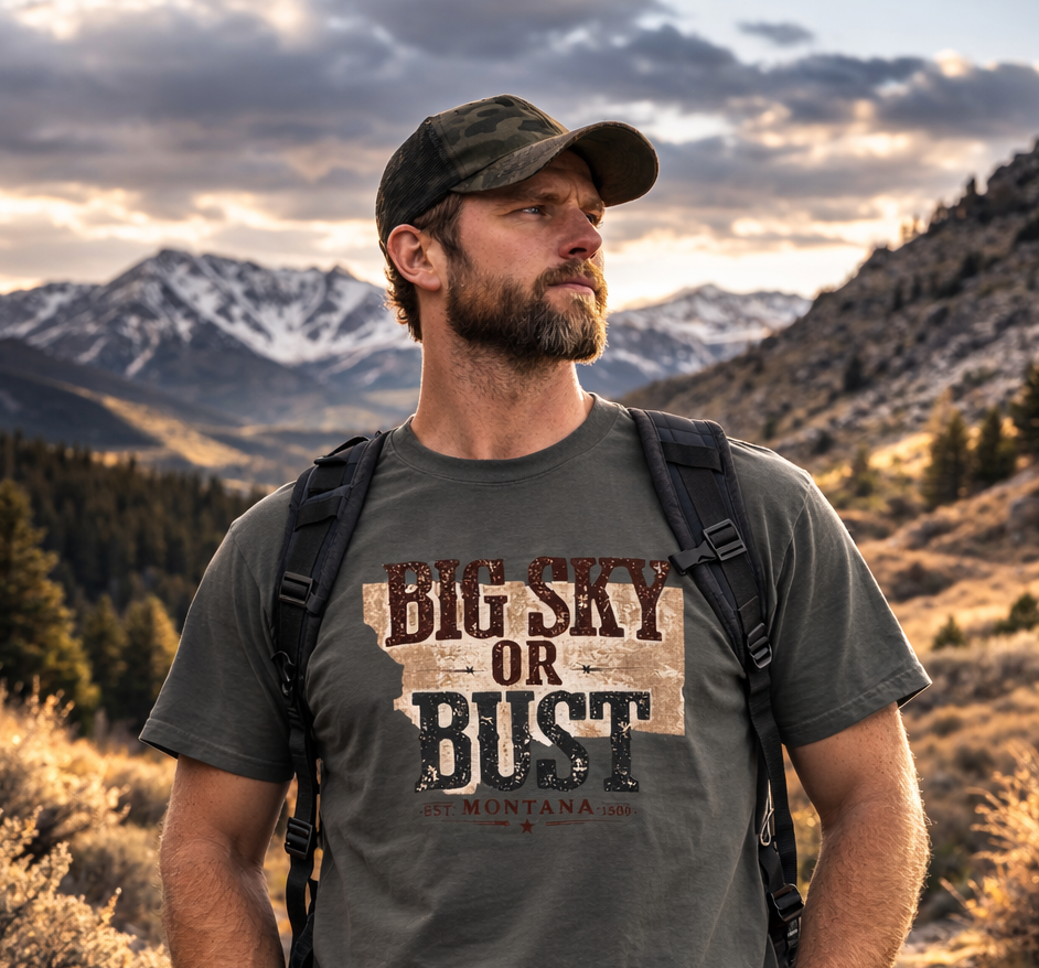 Big Sky or Bust T-Shirt — Montana Vintage Graphic Tee | Rugged State Supply