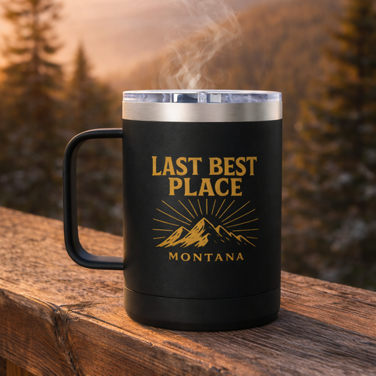 Last Best Place 15oz Insulated Travel Mug with Handle | Rugged State Supply