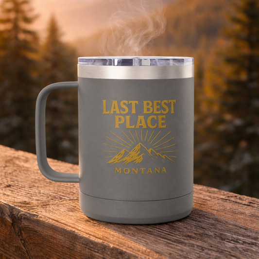 Last Best Place 15oz Insulated Travel Mug with Handle | Rugged State Supply