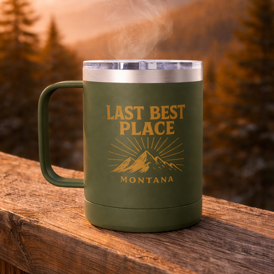 Last Best Place 15oz Insulated Travel Mug with Handle | Rugged State Supply