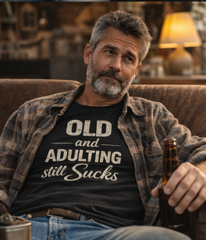 T-Shirt — "Old and Adulting Still Sucks" Vintage Humor Tee